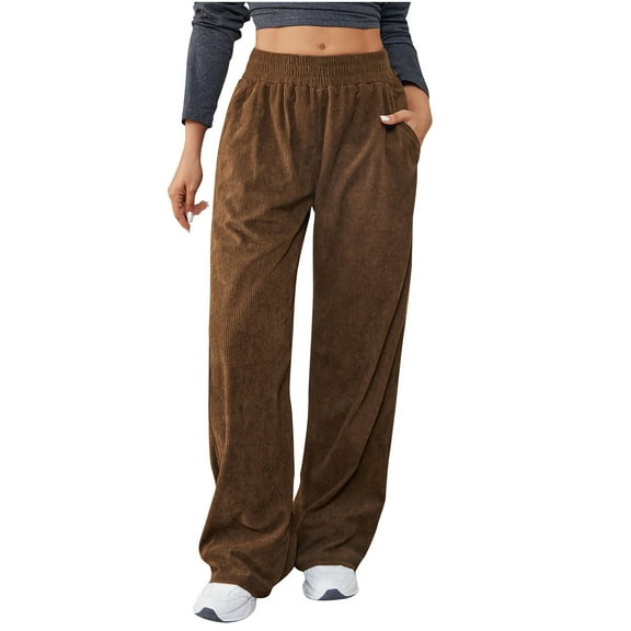 Diufon Women's Corduroy Wide Leg Pants Casual Loose Elastic High Waisted Trousers Athletic Pant with Pockets