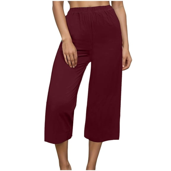 Diufon Women's Cotton Linen Palazzo Pants Solid Color Pleated Wide Leg Pants Elastic Waist Lounge Pants