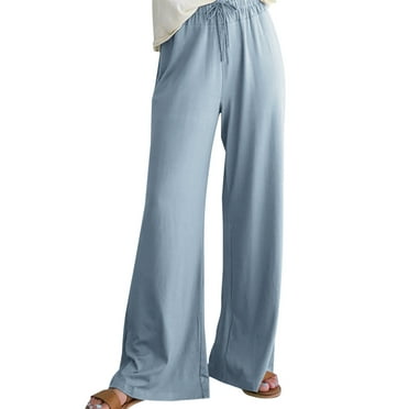 Diufon Women's Cotton Linen Pants Elastic High Waist Drawstring Casual Pants Solid Color Wide Leg Pants