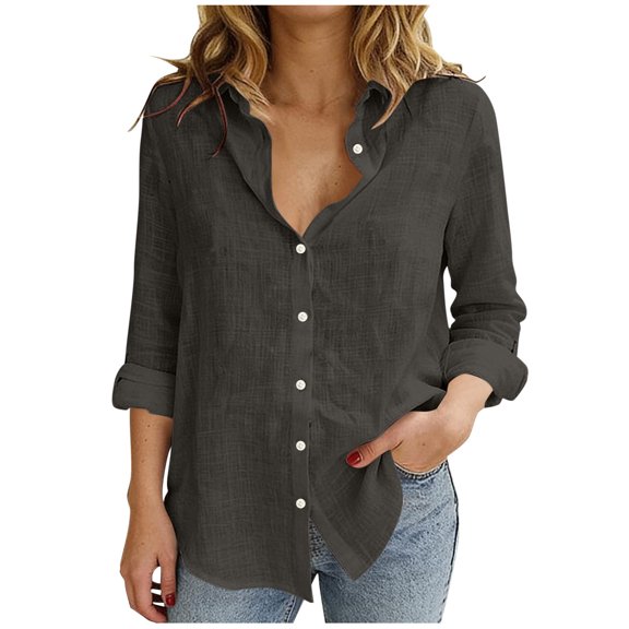 Diufon Linen Shirts for Women Long Sleeve V Neck Collared Button Down Shirt Spring Summer Casual Loose Tops