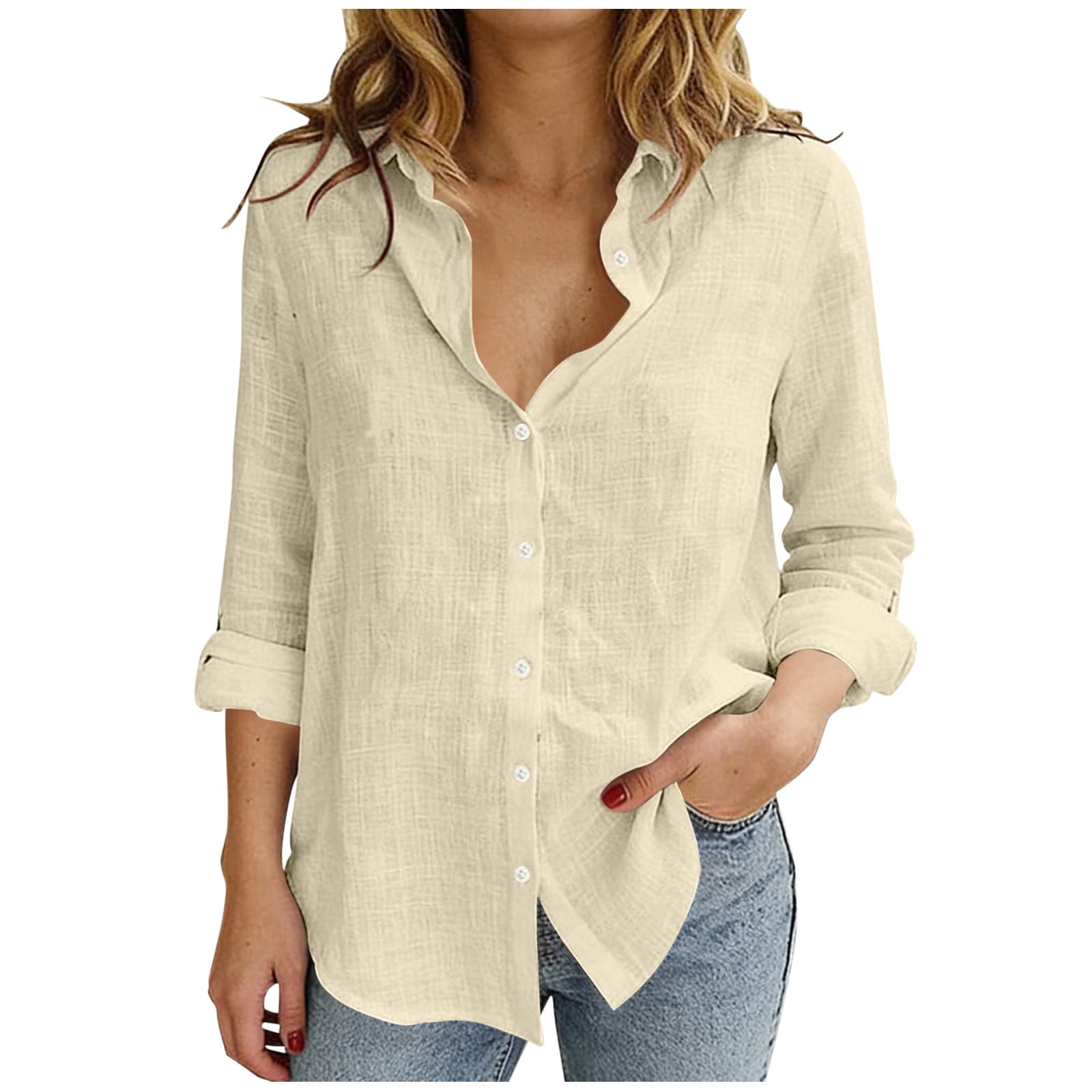 Diufon Linen Shirts for Women Long Sleeve V Neck Collared Button Down ...