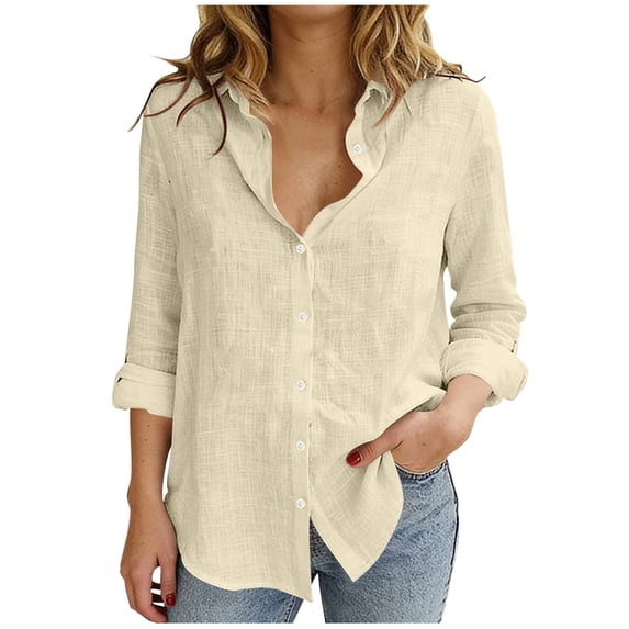Diufon Linen Shirts for Women Long Sleeve V Neck Collared Button Down Shirt Spring Summer Casual Loose Tops