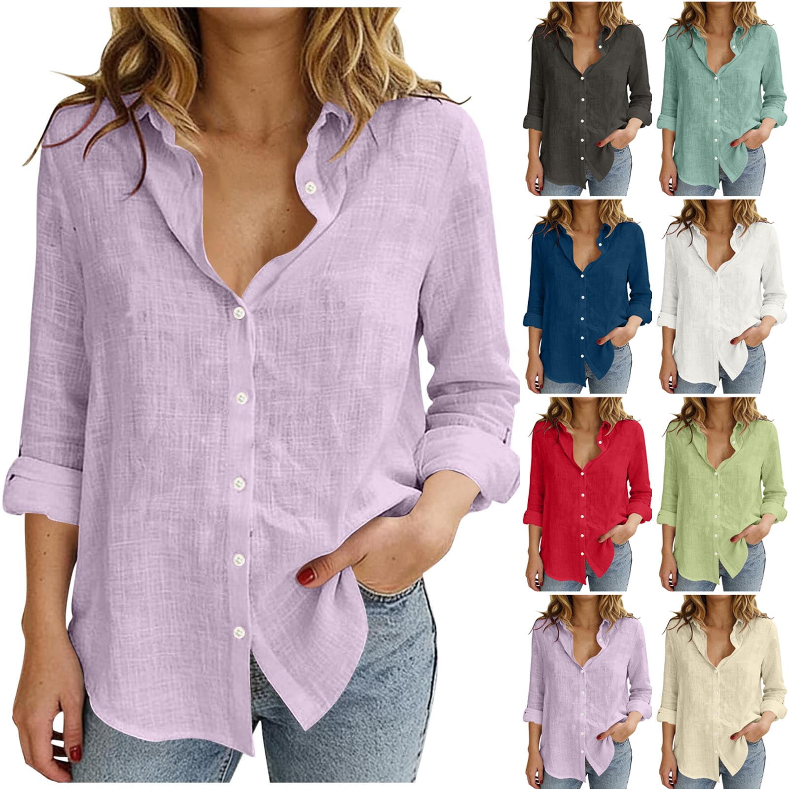 Diufon Linen Shirts for Women Long Sleeve V Neck Collared Button Down ...