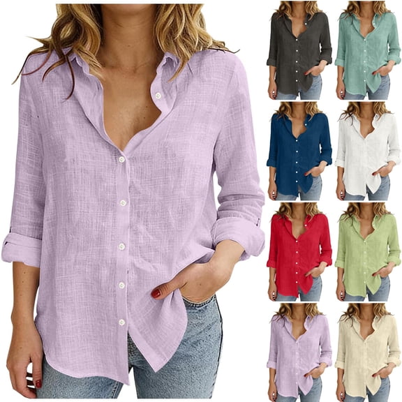 Diufon Linen Shirts for Women Long Sleeve V Neck Collared Button Down Shirt Spring Summer Casual Loose Tops