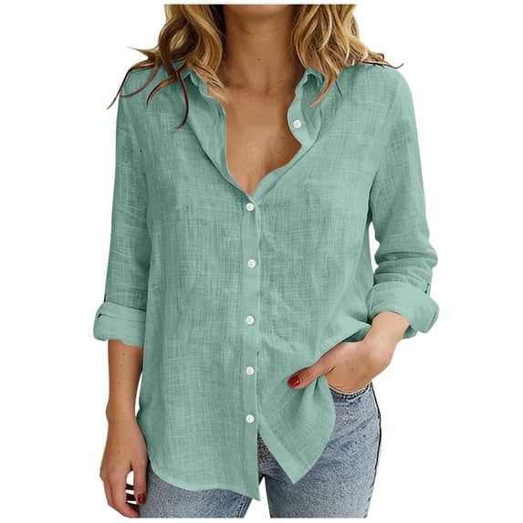 Diufon Linen Shirts for Women Long Sleeve V Neck Collared Button Down Shirt Spring Summer Casual Loose Tops