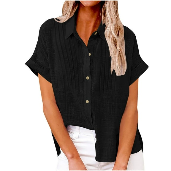 Diufon Women's Cotton Linen Shirt Short Sleeve V Neck Button Down Shirts Spring Summer Casual Loose Tops
