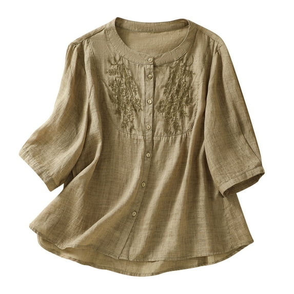 Diufon Women's Cotton Linen Shirts Summer Casual Vintage Embroidered 3/4 Sleeve Button Down Crewneck Tops
