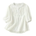 thumbnail image 1 of Diufon Women's Cotton Linen Shirts Summer Casual Vintage Embroidered 3/4 Sleeve Button Down Crewneck Tops, 1 of 7