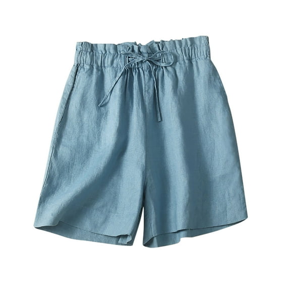 Diufon Women's Cotton Linen Shorts Ruffle Elastic Waist Drawstring Shorts Solid Color Shorts with Pockets
