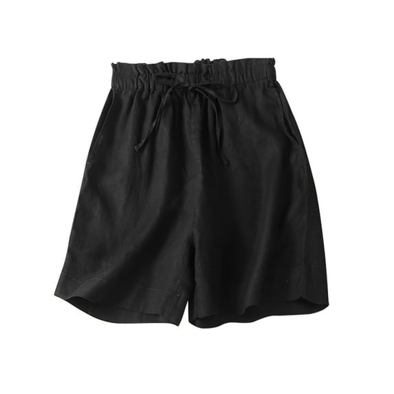 Diufon Women's Cotton Linen Shorts Ruffle Elastic Waist Drawstring Shorts Solid Color Shorts with Pockets