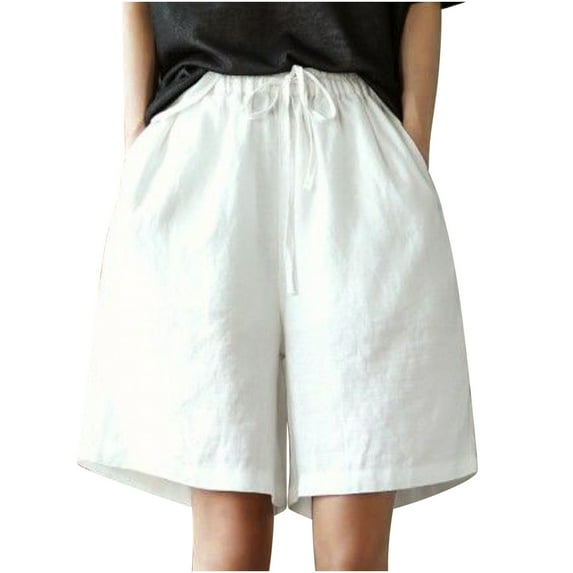 Diufon Women's Cotton Linen Shorts Solid Color Pants Elastic Waist Drawstring Lounge Pants with Pockets