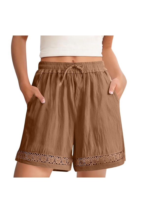 Linen Shorts for Women Summer Beach High Waisted Drawstring Shorts Cutouts Boho Short Pants with Pockets