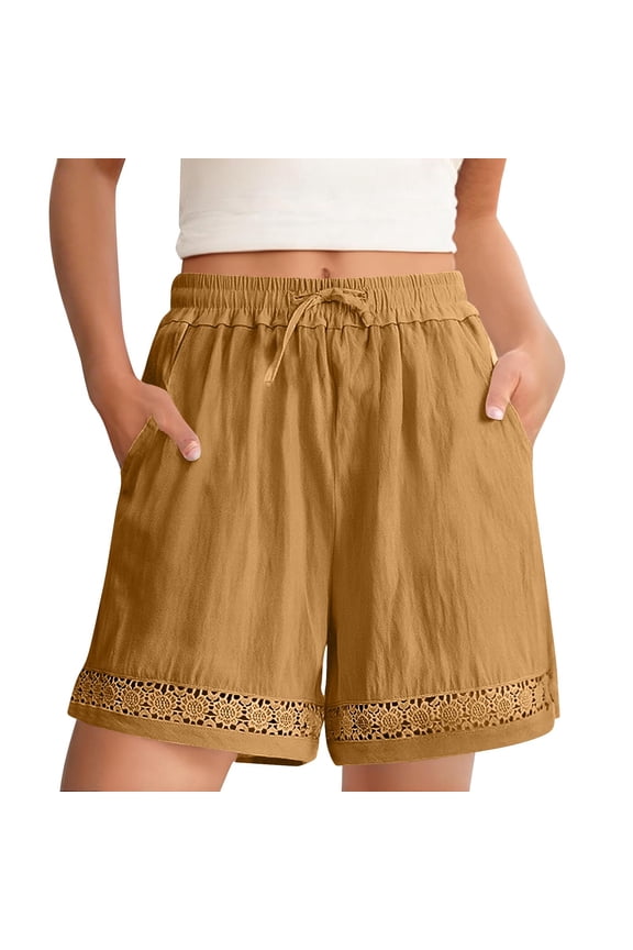 Linen Shorts for Women Summer Beach High Waisted Drawstring Shorts Cutouts Boho Short Pants with Pockets