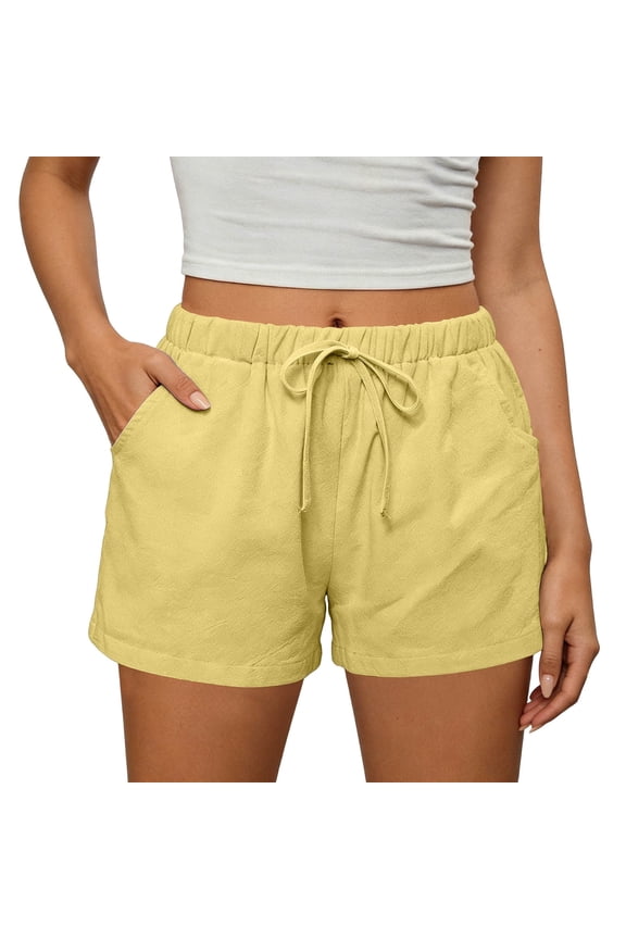 Womens Linen Shorts Summer Casual Drawstring Wide Leg Shorts High Waist Loose Shorts with Pockets