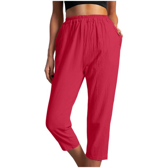 Diufon Women's Cotton Linen Straight Pants Elastic Waist 3/4 Pants with Pockets Solid Color Lounge Pants