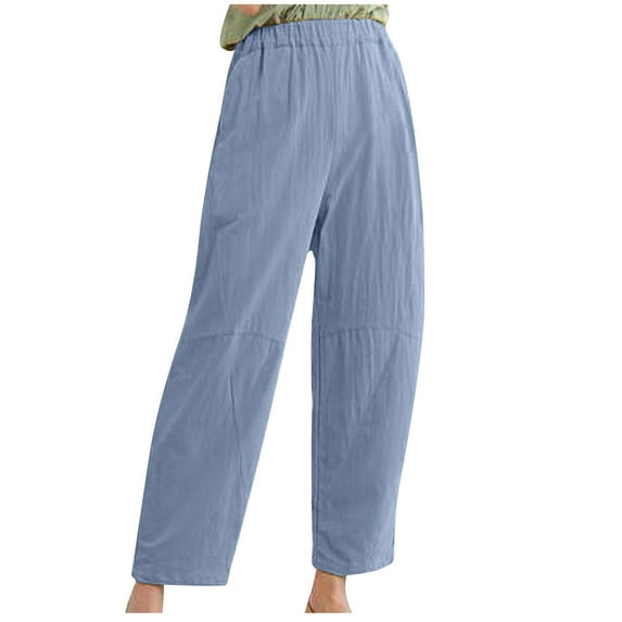 Diufon Women's Cotton Linen Straight Pants Solid Color Lounge Pants Elastic Waist Lightweight Wide Leg Pants