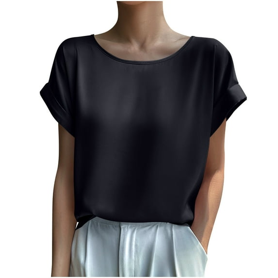 Diufon Women's Crewneck Satin Shirts Casual Loose Folded Short Sleeve Dressy Shirts Trendy Basic Business Tops