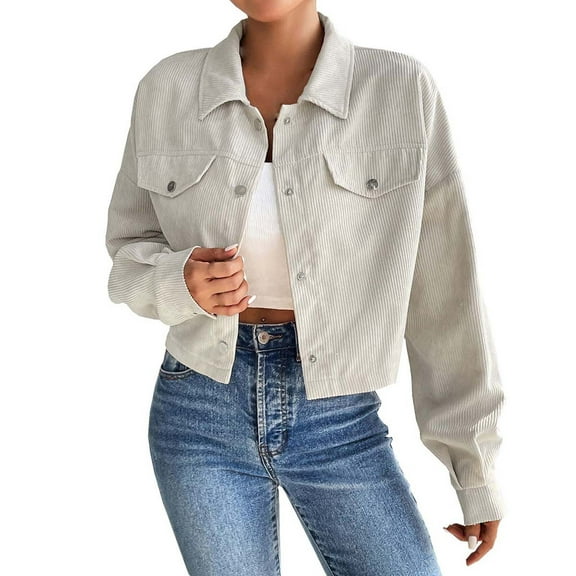 Diufon Women's Cropped Jacket Fall Winter Long Sleeve Lapel Short Coat Ladies Casual Button Down Outerwear