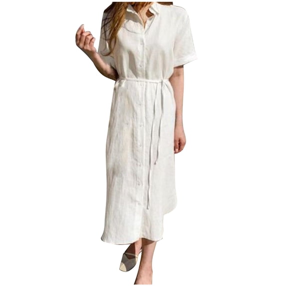 Diufon Women's Dresses Solid Color Lapel Collor Short Sleeve Shirts Button Lace-Up Waist Long Dress
