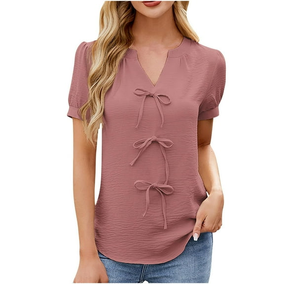 Diufon Women's Dressy Casual Tops Puff Sleeve V Neck Loose Shirts Drawstring Front Business Work Blouses