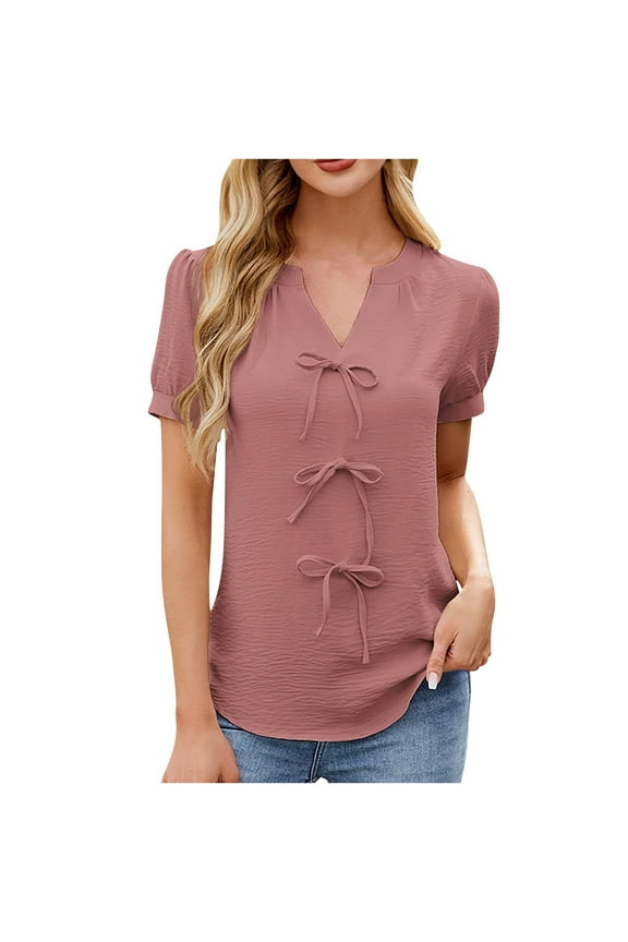 Women's Dressy Casual Tops Puff Sleeve V Neck Loose Shirts Drawstring Front Business Work Blouses
