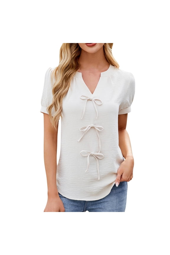 Women's Dressy Casual Tops Puff Sleeve V Neck Loose Shirts Drawstring Front Business Work Blouses
