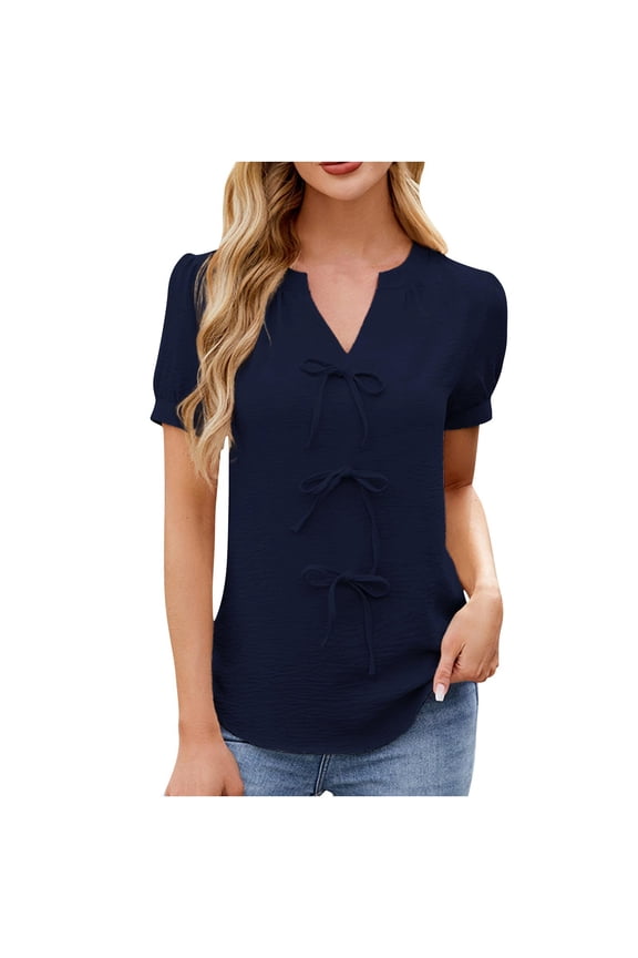 Women's Dressy Casual Tops Puff Sleeve V Neck Loose Shirts Drawstring Front Business Work Blouses