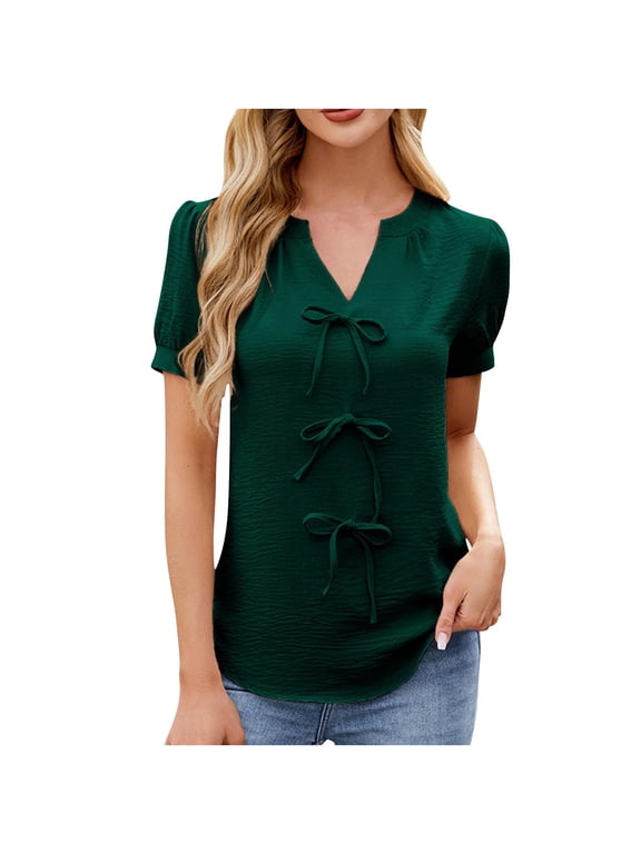 Women's Dressy Casual Tops Puff Sleeve V Neck Loose Shirts Drawstring Front Business Work Blouses