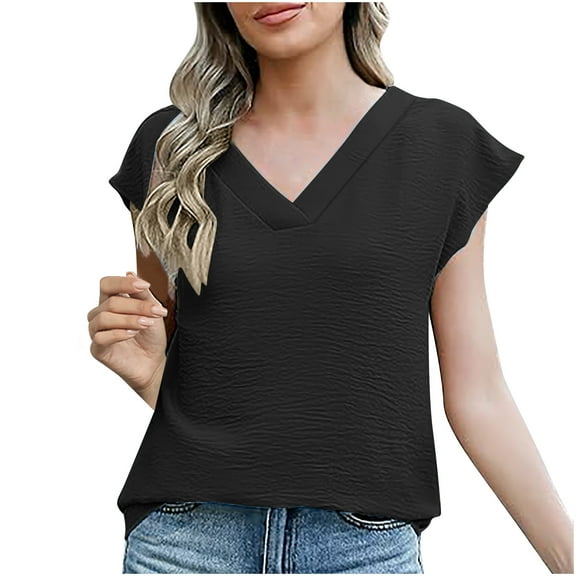 Diufon Women's Dressy Tops Casual Loose Cap Sleeve Tunic V Neck Shirts Trendy Solid Color Business Blouse