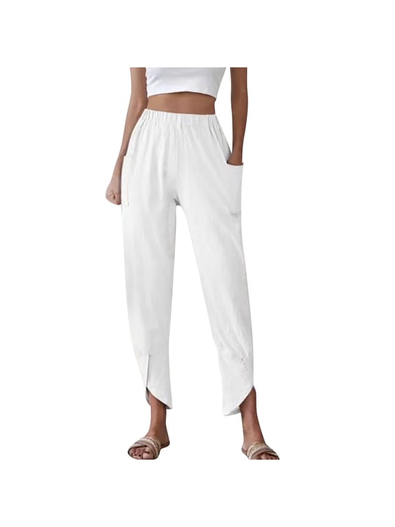 Women's Elastic Waist Pants Solid Color Wide Leg Pants Layer Ruffle Hem Palazzo Pants with Pockets