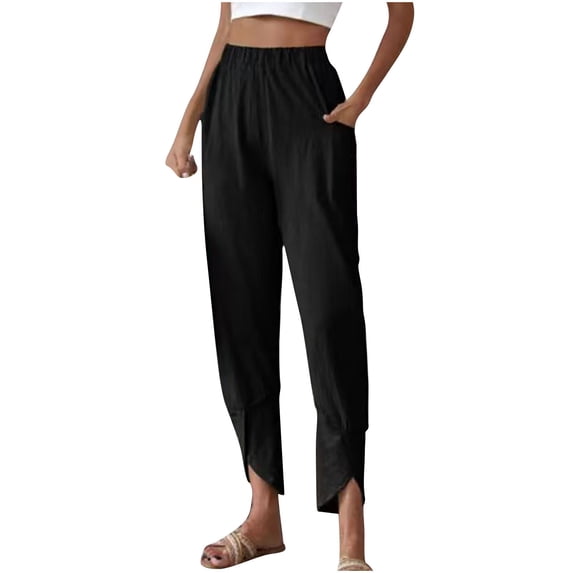 Diufon Women's Elastic Waist Pants Solid Color Wide Leg Pants Layer Ruffle Hem Palazzo Pants with Pockets