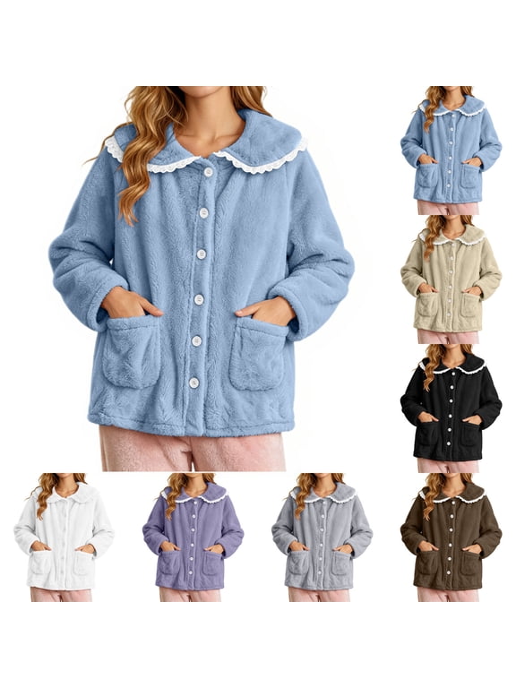Women's Fleece Bed Jacket Fall Winter Long Sleeve Thickened Warm Pajama Coat Casual Home Sleep Cardigan