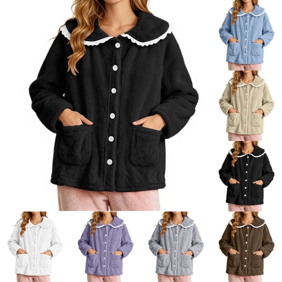 Diufon Women's Fleece Bed Jacket Fall Winter Long Sleeve Thickened Warm Pajama Coat Casual Home Sleep Cardigan