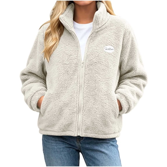 Diufon Women's Fuzzy Fleece Coats Full Zip Stand Collar Long Sleeve Fall Winter Warm Outwear Jacket with Pockets