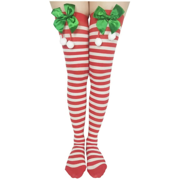 Diufon Women's High Striped Tights Stockings Christmas Over Knee Color Block Stretch Long Socks with Bow Tie