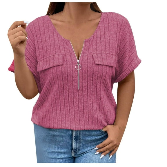 Diufon Women's Knit Short Sleeve Tops Casual Zipper V Neck Shirt Summer Solid Color Pocket Tunic
