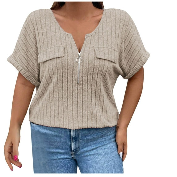Diufon Women's Knit Short Sleeve Tops Casual Zipper V Neck Shirt Summer Solid Color Pocket Tunic