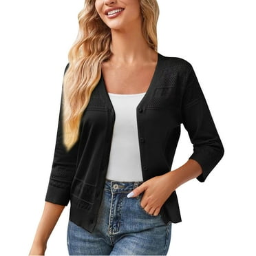 Diufon Women's Knitted Thin Cardigan Button Down Hollow Out Sweater Jackets Round Neck 3/4 Sleeve Lightweight Coat