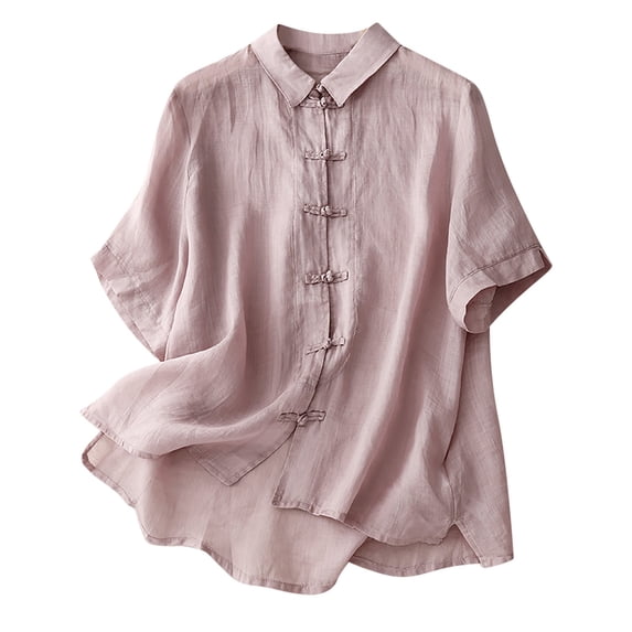 Diufon Women's Linen Shirts Plus Size Loose Short Sleeve V Neck Button Down Tops Summer Casual Solid Color Tee