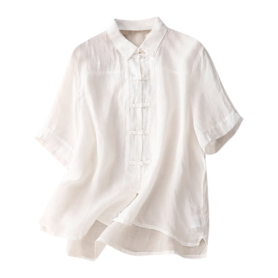 Diufon Women's Linen Shirts Plus Size Loose Short Sleeve V Neck Button Down Tops Summer Casual Solid Color Tee