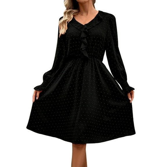 Diufon Women's Long Dresses Ruffled Sleeve Polka Dot Printed V Neck Tunic Dress Trendy Solid Color Pleated Dress
