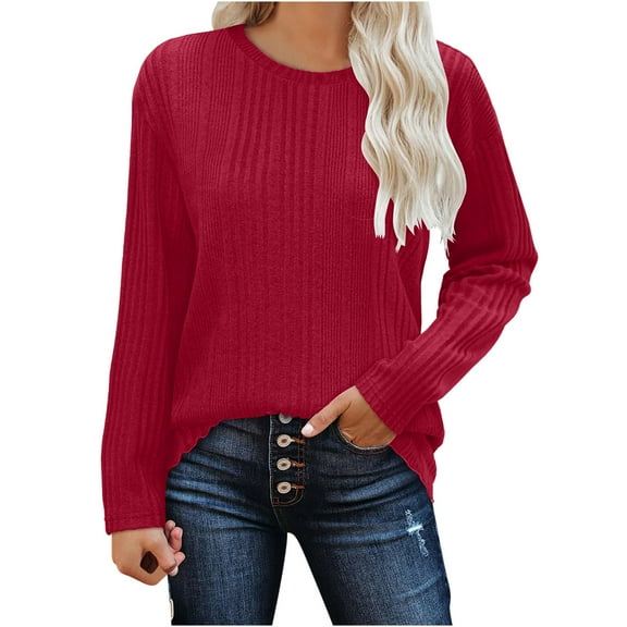 Diufon Women's Long Sleeve Knitted Tops Casual Crew Neck Solid Color Pullover Sweater Comfy Loose Tunic Blouses