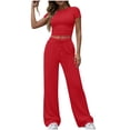 thumbnail image 1 of Diufon Womens 2 Piece Sets Summer Short Sleeve Crop Tops Drawstring Wide Leg Pants with Pockets Matching Outfits, 1 of 9