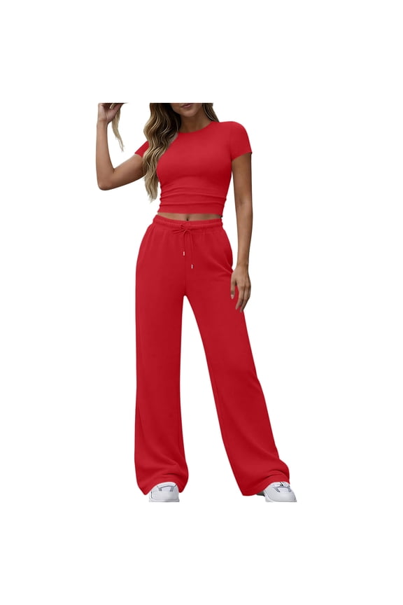 Womens 2 Piece Sets Summer Short Sleeve Crop Tops Drawstring Wide Leg Pants with Pockets Matching Outfits