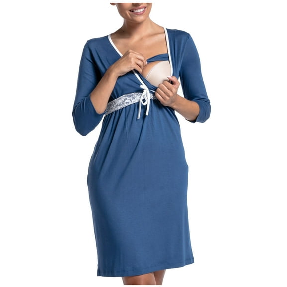 Diufon Women's Maternity Breastfeeding Dress Pregnant Nursing 3/4 Sleeve V Neck Lace Patchwork Basic Dress