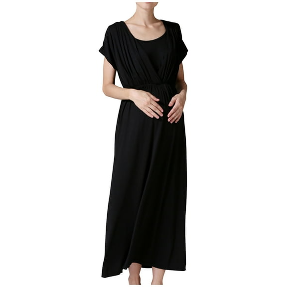 Diufon Women's Maternity Breastfeeding Long Dress Double Layer Short Sleeve Nursing Dress Pregnant Basic Dress