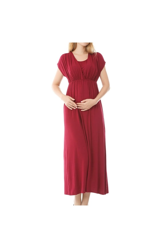 Women's Maternity Breastfeeding Long Dress Double Layer Short Sleeve Nursing Dress Pregnant Basic Dress
