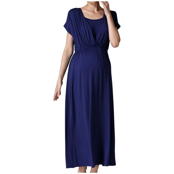 Diufon Women's Maternity Breastfeeding Long Dress Double Layer Short Sleeve Nursing Dress Pregnant Basic Dress