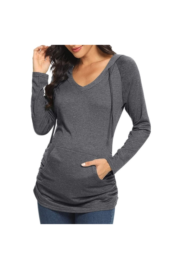 Women's Maternity Hoodie Shirt Casual Long Sleeve V neck Sweatshirt with Pockets Fall Winter Ruched Top