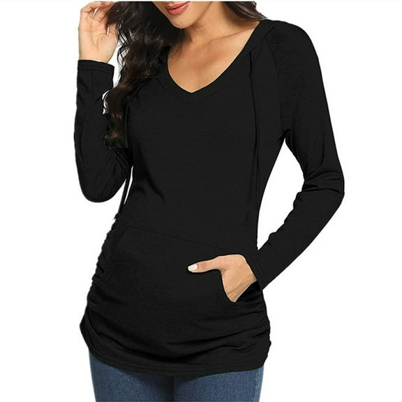 Diufon Women's Maternity Hoodie Shirt Casual Long Sleeve V neck Sweatshirt with Pockets Fall Winter Ruched Top